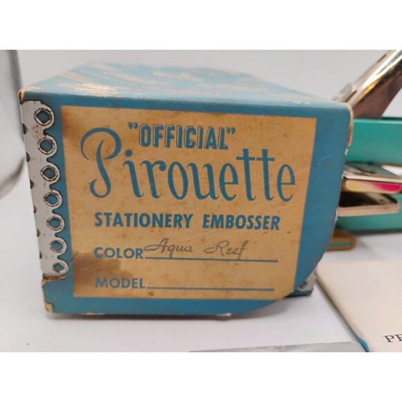 Vtg.  Pirouette Desk Stationary EMBOSSER Stamper Midcentury Mod Aqua Reef Blue - Picture 5 of 13